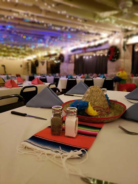 Banquet room set for a private fiesta